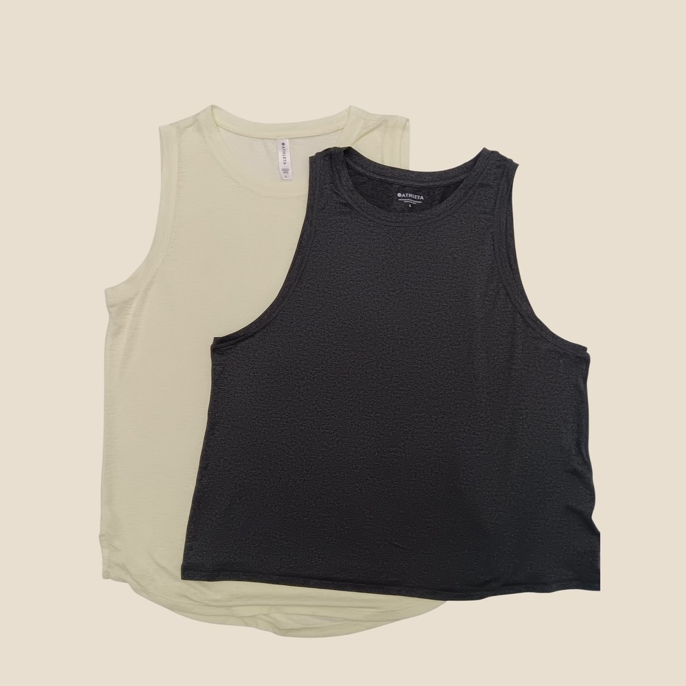 Athleta Women L Muscle Tank Top 2-Pack Black Heather Lime Green Relaxed Fit SET